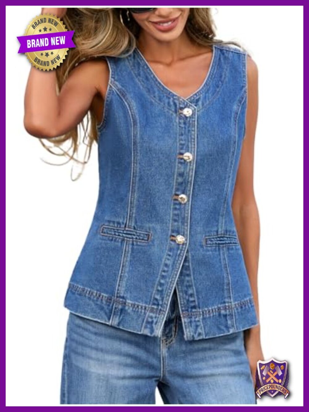 Womens Denim Vest Sleeveless Button Down V-Neck Jean Waistcoat Casual